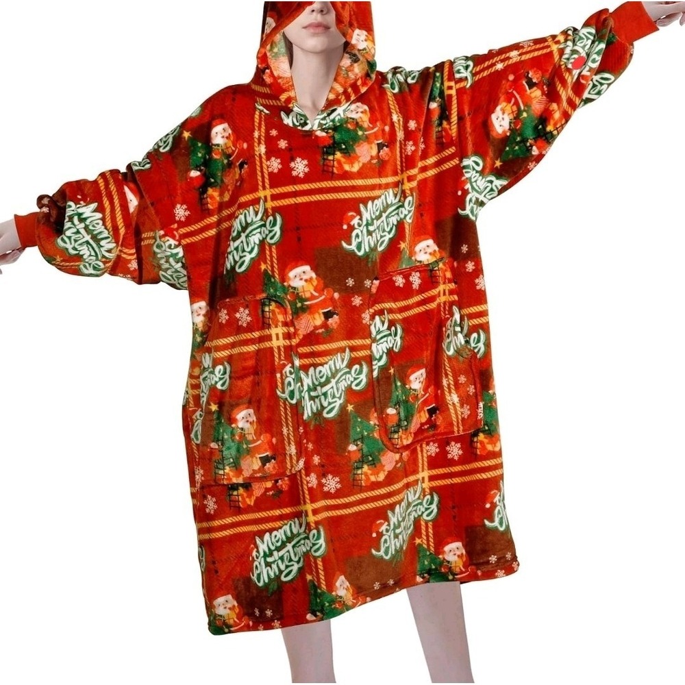 Christmas‎ Oversized Flannel Wearable Blanket Hoodie for Adults, One Size